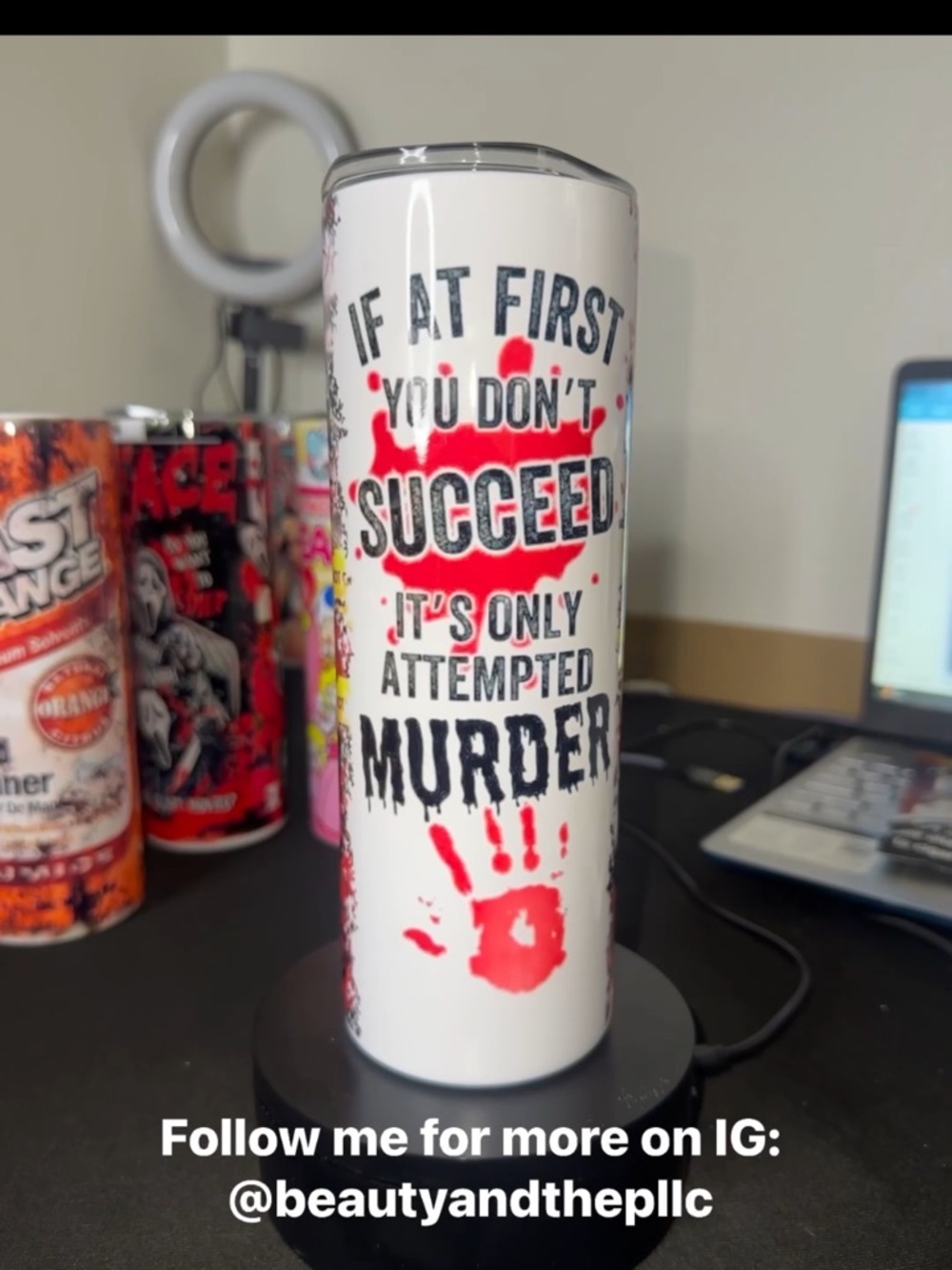 White Tumbler with Red Handprint Graphic and Bold Text